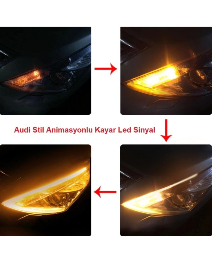 Far Kaşı Gündüz Ledi Audi Stil Kayar Sinyalli Flexible Neon Led Beyaz-Sarı 60cm